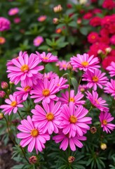 Vibrant pink chrysanthemum blossoms in full bloom, garden setting, blooming, pink, colorful