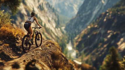 Woman riding mountain bike. Female cyclist on mountain bicycle. Generative ai is a sport that sports a trail bike. A female cyclist on a lifestyle mountain bike.