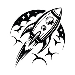 Monochrome Rocket Ship Soaring Through Starry Clouds in Space, Black and White Style