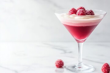 Delicious raspberry dessert served in elegant glass with creamy texture on minimalistic white background for culinary enthusiasts and food photography lovers