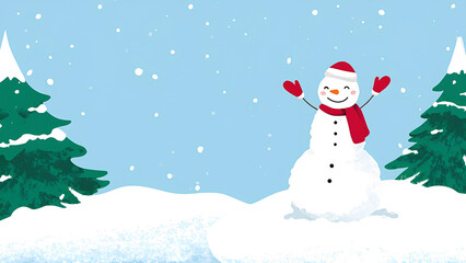 Snowy winter scene with snowman, mittens, pine trees, and kids making snow angels