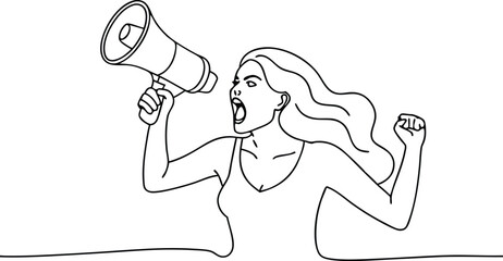 Feminist protest woman with megaphone continuous line drawing vector | Angry activist shouting outline SVG | Woman voice empowerment minimalist art for print, shirt, sign, cut file
