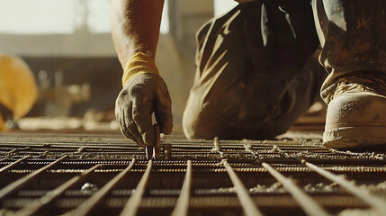 Construction worker preparing rebar for concrete pouring at a building site. Featuring construction prep and reinforcement
