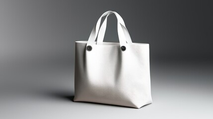 Blank white tote bag on gray studio background