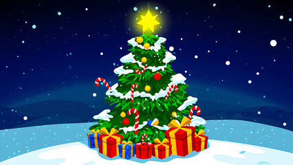 Obraz premium Christmas tree with ornaments, presents, candy canes