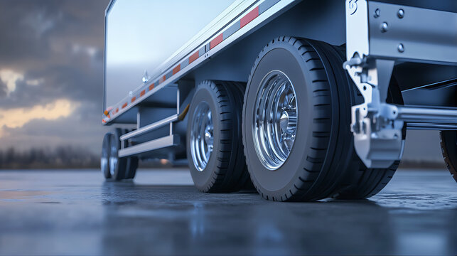 Rear view of semi trailer truck driving on the road. Rear view of wheels and axles assembly of a semi-trailer truck. Moving crane truck tractr triler on the road, express. Rear wheels and trailer