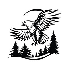 Bold Eagle Soaring Above Pine Trees Silhouette Under Crescent Moon Black & White Art