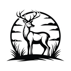 Deer Silhouette with Antlers in Circle Frame, Cloudscape and Grass Black and White