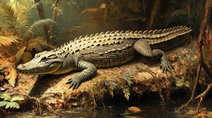 Obraz premium Gator resting on rock in a lush jungle