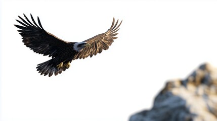 Fototapeta premium An eagle flying over mountain. Bald eagle flying in the air. A transparent background with a generative neural network. A hawk soaring lifestyle above a mountain.