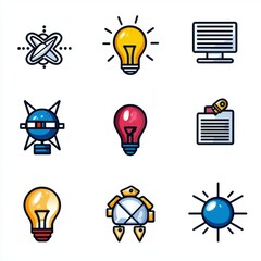 Colorful Icons Representing Innovation, Light, Technology, and Ideas
