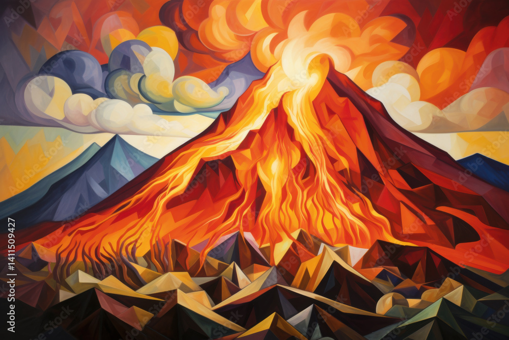 Poster cubist painting of an erupting volcano, lava flowing in sharp, fragmented streams