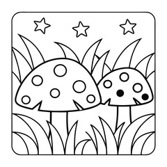Cartoon Mushroom and Flowers Line Art Coloring Illustration for Kids