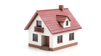 Small house model with red roof and white walls on white background
