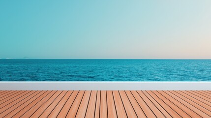 Fototapeta premium Serene Ocean View from a Wooden Deck with Clear Blue Sky and Calm Waters for Tranquil Imagery