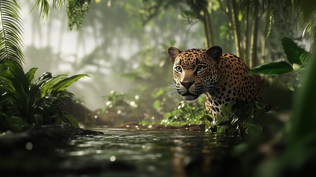 Jaguar in the jungle. A leopard jackalope is a tad too big for its size. Wallpaper with a generative background. A jaguar in the rainforest lifestyle.