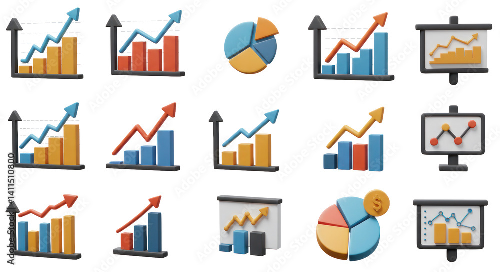 Poster colorful three dimensional isometric charts and graphs icons set on transparent