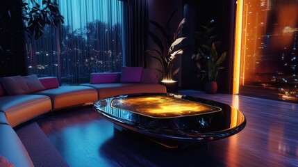 Futuristic Living Room with Interactive Coffee Table at Night