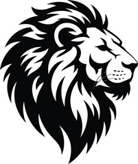 Majestic Black and White Lion Head Silhouette &ndash; Bold Tribal Style Vector Illustration Symbolizing Strength, Leadership, Courage, and Royalty