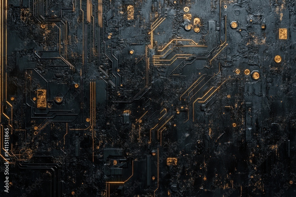 Poster abstract grunge circuit board with gold details on dark textured surface. perfect tech background fo