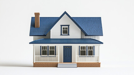 Charming blue roofed house with porch on white background