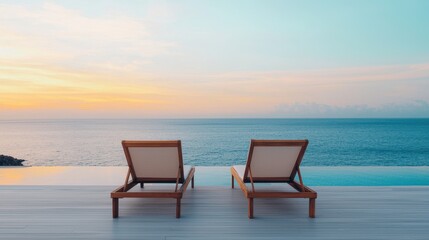 Serene Seaside View with Wooden Loungers at Sunset Over Calm Ocean Horizon and Clear Sky
