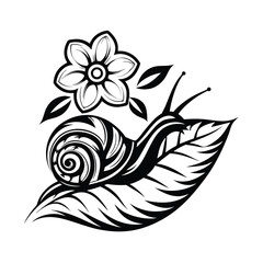 Stylized Snail on Leaf with Floral Design Bold Black Outline, Intricate Details