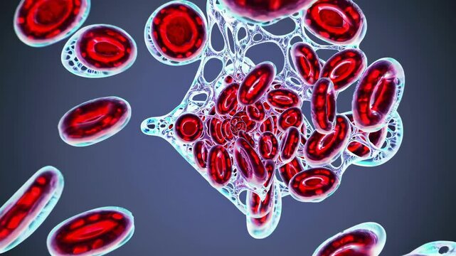 Microscopic view red blood cells erythrocytes flowing clumping together dark background Represents circulation hematology blood clot thrombosis cardiovascular health disease