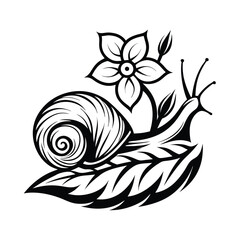 Snail with Flower and Leaf Black and White Detailed Elegant Outline Design Isolated