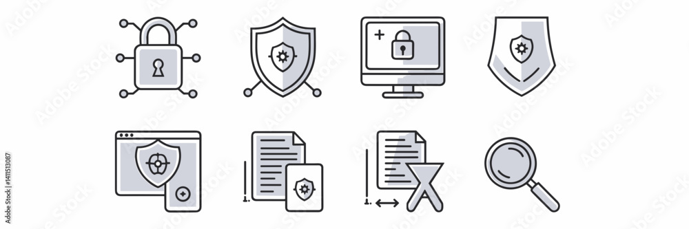 Poster clean line cybersecurity icons set – perfect for data protection, security software, and tech applic
