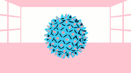 Fototapeta premium Stylish blue spiky ball art design in minimalist pink room setting with clean lines and bold colors