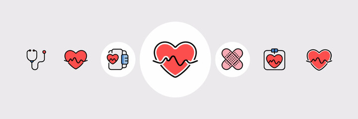 Minimalist medical and healthcare icon set featuring a stylized heart – Ideal for medical app UIs or health-related platforms.