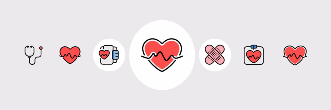 Minimalist medical and healthcare icon set featuring a stylized heart – Ideal for medical app UIs or health-related platforms.