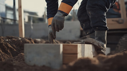 Construction worker wearing safety gear inspecting a building foundation. Featuring safety measures and quality control