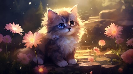 A Dreamy Portrait of Feline Wonder in a Cosmic Garden
