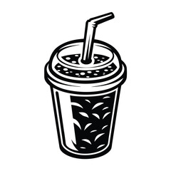 Soda Cup Icon Black and White Refreshment With Straw and Condensation Details Design