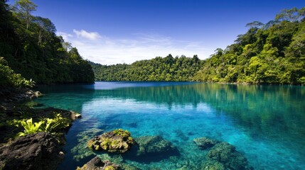 Obraz premium Tropical lagoon, crystal clear water, lush rainforest, serene view