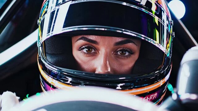 Extreme close up focused intense eyes woman racer peering through helmet visor Colorful reflections visible Represents concentration speed adrenaline competition female power sport skill