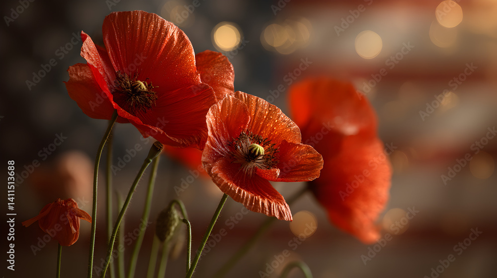 Poster vibrant red poppies with soft bokeh effect against blurred american flag background for nature and p