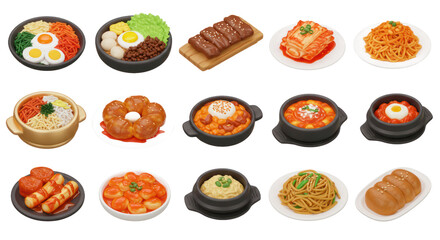 Isometric Illustration Of Various Asian Dishes On Transparent Background