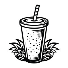 Pineapple Smoothie Cup with Straw and Pineapple Leaves Black and White