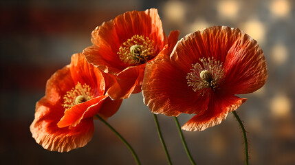 Fototapeta premium Stunning Bright Orange Poppy Flowers with Soft Blurred Background, Captivating Floral Arrangement, Vibrant Colors and Delicate Petals Creating a Beautiful Display