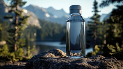 Obraz premium Clear water bottle on rock overlooking lake in mountains