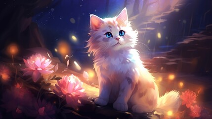 White Kitten Gazing at flowers in a Dreamy Floral Garden
