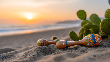 Obraz premium Romantic Sunset Over Mexican Seashore Featuring Musical Instruments on Sandy Beach with Cactus Close-Up