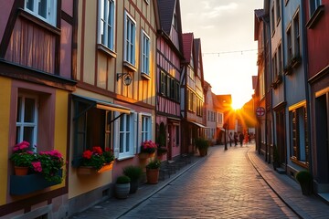 Fototapeta premium Quaint European Street at Sunset: A Charming Scene