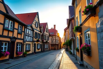 Fototapeta premium Quaint European Street with Traditional Architecture and Warm Sunlight