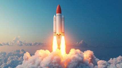 Obraz premium Rocket Launching into Space with Powerful Flames and Dramatic Cloudy Sky at Dusk