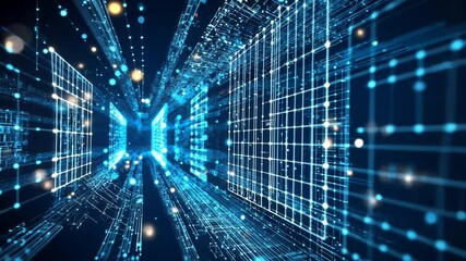 Abstract technology grid moving through virtual space for data processing and transfer