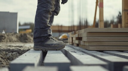Construction worker inspecting building materials. Outdoor construction site